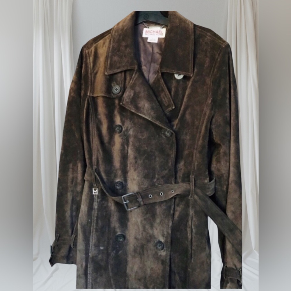 Michael Kors Brown Suede Leather Double Breasted Trench Coat